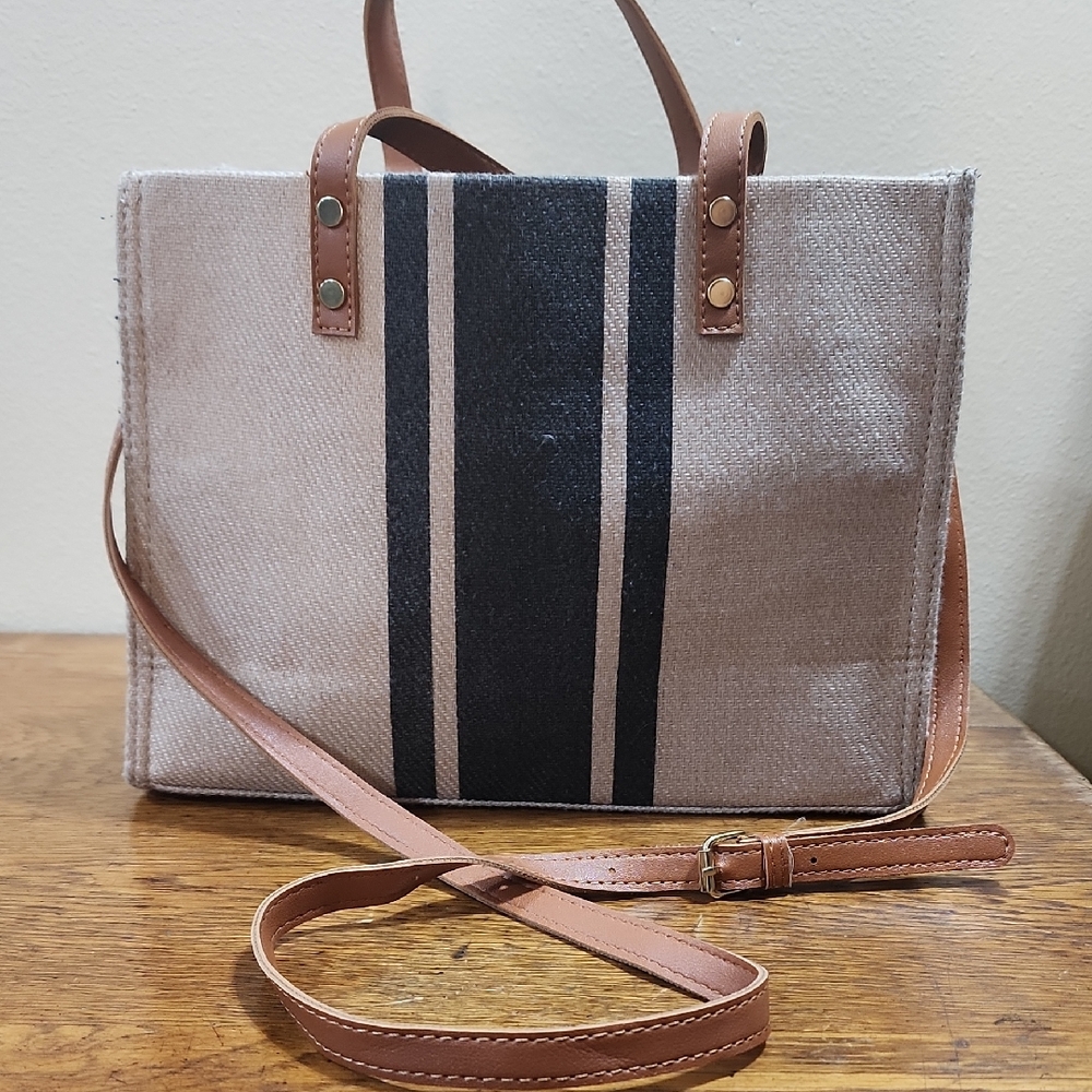 Striped Tote Bag Brown Leather Straps Crossbody Strap